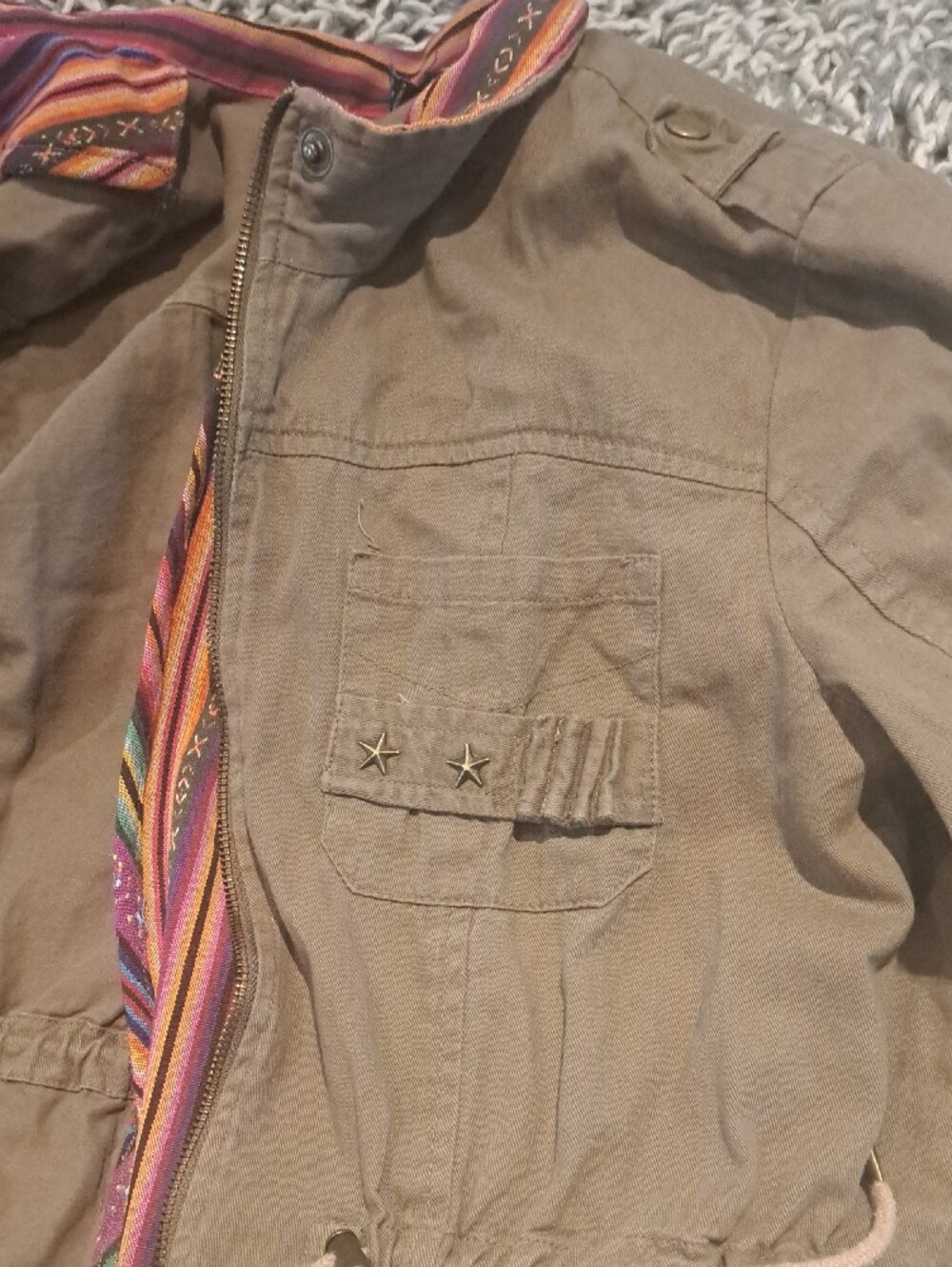 462-Ladakh Olive Utility Jacket Contrast Lining Military Style Drawstring Waist - Picture 8 of 14